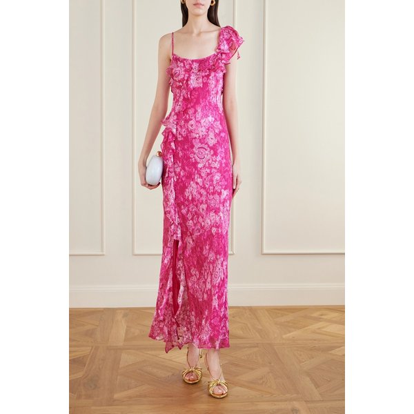 에스터 러플 플로럴 프린트 실크 블렌드 데보레 미디 원피스 46376663163024726