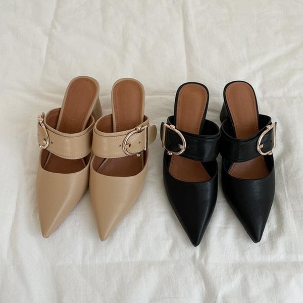 [옷자락] 여성 30대 와이드스크랩 골드버클 뮬 통굽 구두