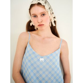 [WOMAN] CHECK CROP LAYERED RIBBON DECORATION ONE-PIECE BABY BLUE