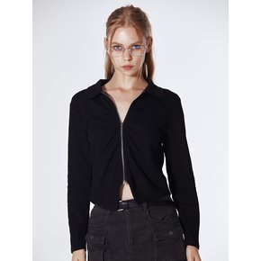 Front Ruched Zip Up Cardigan (BLACK)