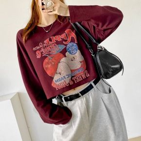 애플레터링나염 라운드박스 긴팔크롭티셔츠 가을데일리 빅사이즈 오버핏 면캐주얼_P436619076