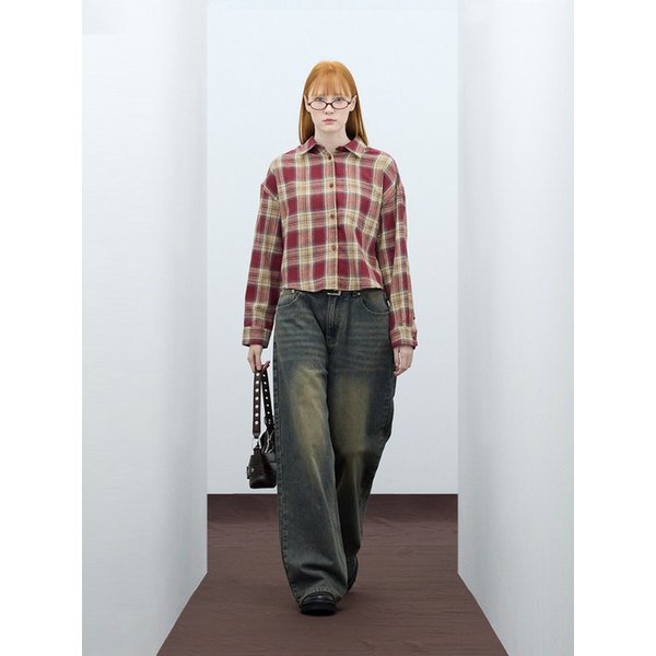 85-VIVA092 포스트 크롭 긴팔 체크 셔츠 버건디