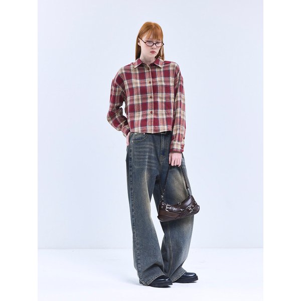 85-VIVA092 포스트 크롭 긴팔 체크 셔츠 버건디