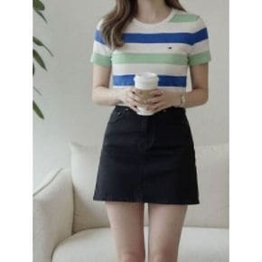 여성 미니 플래그 로고 패널 스트라이프 코튼 반팔티