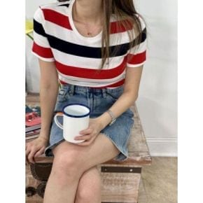 여성 미니 플래그 로고 패널 스트라이프 코튼 반팔티