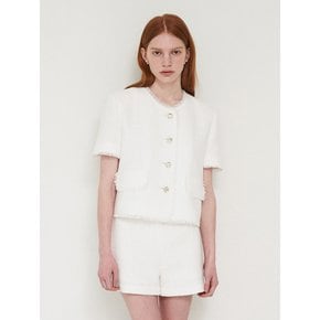 [Set]EJnolee White Flame_ Short-Sleeved White Tweed Jacket & Tweed White Shorts