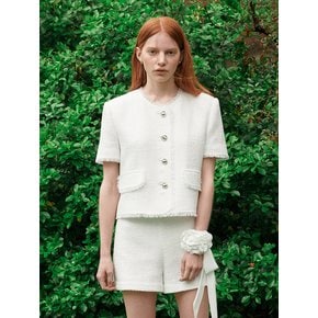 [Set]EJnolee White Flame_ Short-Sleeved White Tweed Jacket & Tweed White Shorts