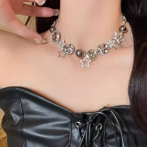 [옷자락] 여성 별무늬 스타 실버 초커 목걸이