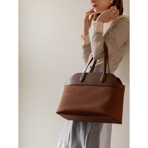 Italy Leather mixed Canvas Big Shoulder Bag_ Brown