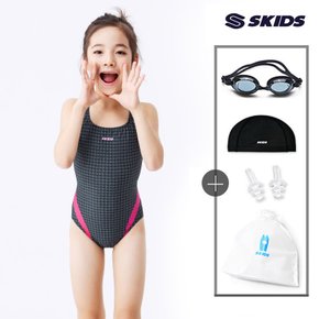 5종세트 스키즈 여아동 원피스 실내수영복 핑크블랙 수모+수경+파우치 SC5GS607OBKs5