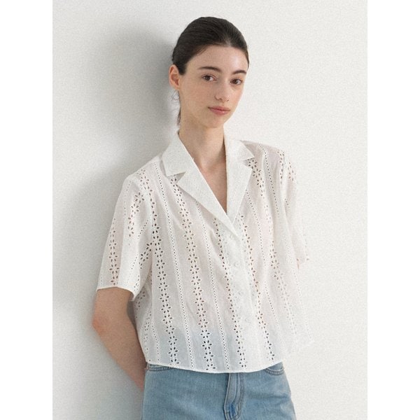 Eyelet punching shawl collar blouse