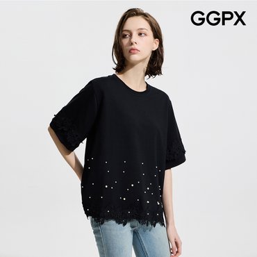 GGPX 밑단 진주 레이스 반팔 티셔츠 (GP4TS041F)