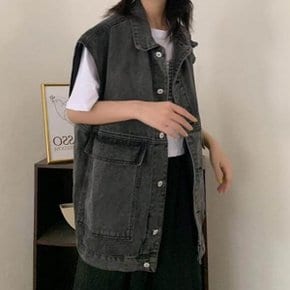 복고풍 카라 데님 조끼 모던한 캐주얼 블랙 여성 조끼 아우터