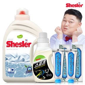 강호동의 쉬슬러 액상 세제 센스티브 3.05L 1개+스포츠의류전용 650ml 1개+치석케어 치약 100g 2개.