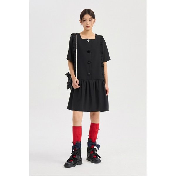 Frill Point Short Sleeve Poly Mini Dress (black) LFDAM26400BKX