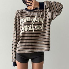 럭키레터링 스트라이프 라운드배색 긴팔티셔츠 데일리 루즈핏 단가라 레이어드 .._P438405029