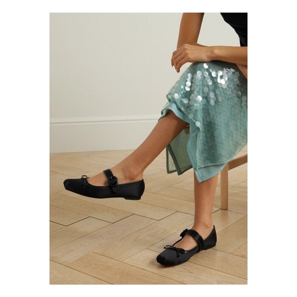 마마스트라피티나 가죽 트리밍 새틴 크레이프 발레리나 플랫 1647597349510577