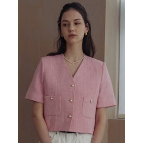 Collarless pearl button summer tweed jacket(Pink)