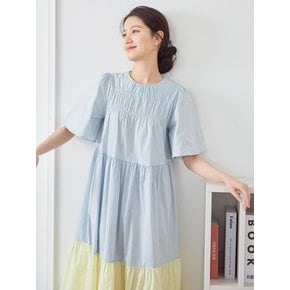 Color Block Shirring Romantic One-piece_skyblue