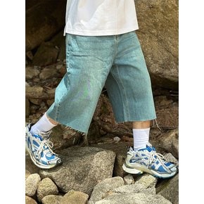 WIDE BALLOON CAT-WASHED BERMUDA DENIM PANTS