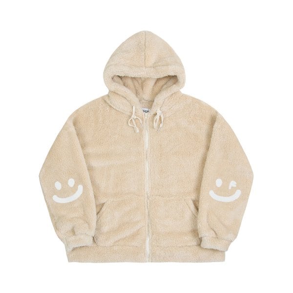[UNISEX]엘보우 드로잉스마일 자수 양털후리스 자켓_베이지