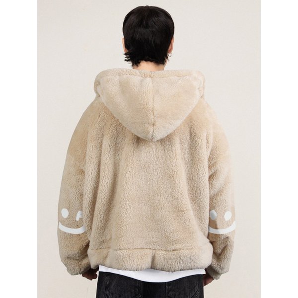 [UNISEX]엘보우 드로잉스마일 자수 양털후리스 자켓_베이지