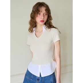 Shirt Detail V-neck Short Sleeve T_ Ivory