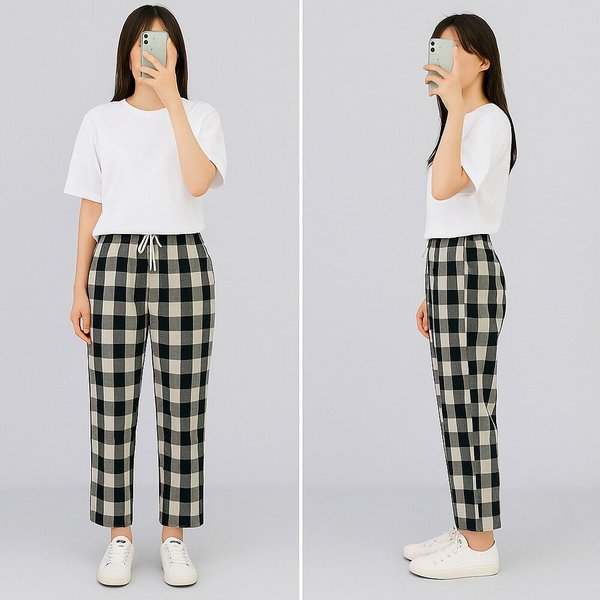 핏이 예쁜 체크 바지 사계절용 포켓 밴딩팬츠 여성용