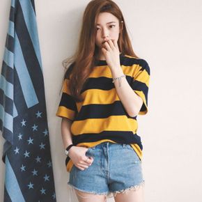릴렉스 스트라이프 배색 반팔 티셔츠 BI A200110_P340365709
