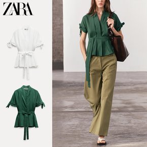 자라 ZARA 여성 셔츠 ZW컬렉션 코튼 브이넥 플리츠 벨트셔츠 화이트 그린