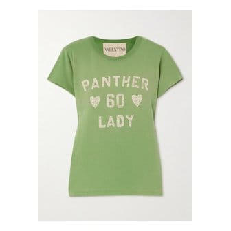 발렌티노 팬서 60 레이디 프린트 아플리케 코튼 저지 티셔츠 그린 46376663162855373