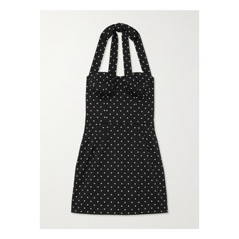 돌체앤가바나 프린트 폴카 도트 코튼 혼방 드릴 홀터넥 미니 드레스 블랙 1647597337790121