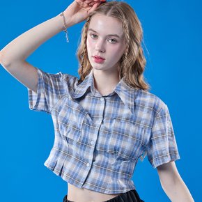 프레피 체크 클래식 크롭 슬림 반팔셔츠 [페일블루]