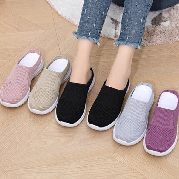 [옷자락] 여자 심플 패브릭 니트 퉁기성 뮬 슬립온 단화