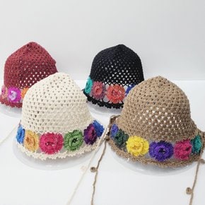 줄꽃 뜨개 보넷 4color/엄마 중년 여성 할머니 시원한 여름 꽃무늬 모자