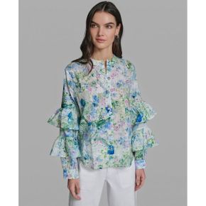 칼라거펠트 우먼 Long-Sleeve Collared 프린티드 셔츠 - 스카이 블루 멀티 26087970 1390768