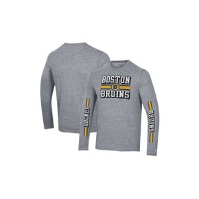 4275597 Champion Mens Heather Gray Boston Bruins Tri-Blend Dual-Stripe Long Sleeve T-Shirt