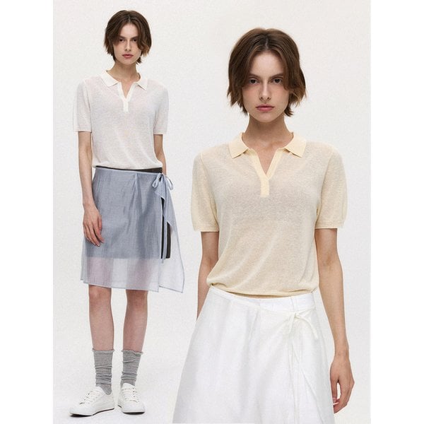 (우먼)린넨 쉬어 카라 하프 니트 - 5 COLOR