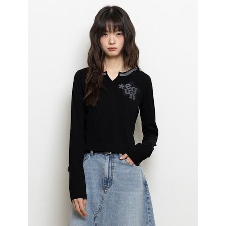 유젠 레이스넥 세미 크롭 롱슬리브 티셔츠_블랙