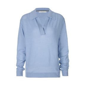 Cashmere Blend Open Collar Knit Top Blue