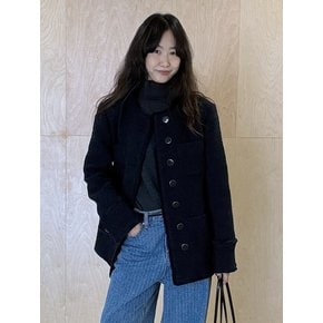 TIF ROUND NECK FRINGE TWEED JACKET_NAVY