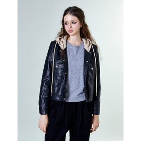 Knitted Hoodie Leather Jacket (BLACK)