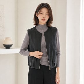라운드넥 절개 포켓 레더 집업 베스트_T2608VT005C