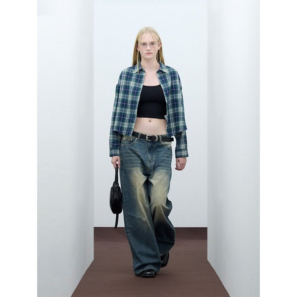 85-VIVA093 리버 크롭 긴팔 체크 셔츠 그린