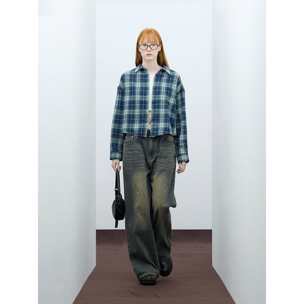 85-VIVA093 리버 크롭 긴팔 체크 셔츠 그린