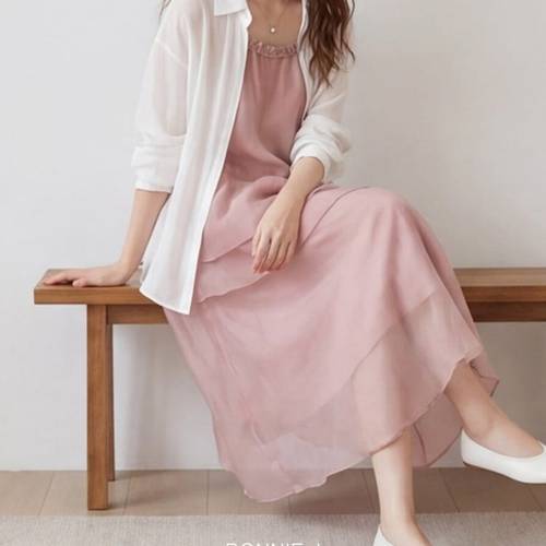 보니제이 / 청순한 무드 이중 티어드 프릴 나시 원피스 시스루 바