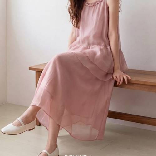 보니제이 / 청순한 무드 이중 티어드 프릴 나시 원피스 시스루 바