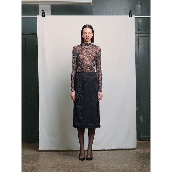 BLACK SEETHROUGH SHIRRED LEOPARD TURTLENECK DRESS