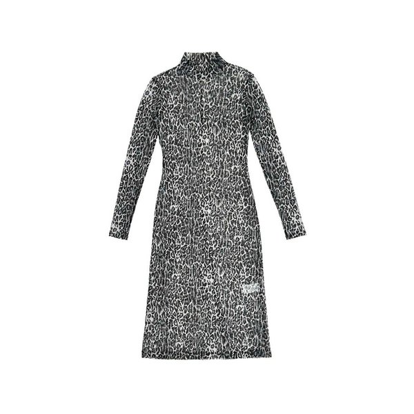 BLACK SEETHROUGH SHIRRED LEOPARD TURTLENECK DRESS