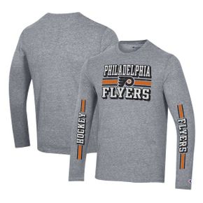 5117898 Champion Mens Heather Gray Philadelphia Flyers Tri-Blend Dual-Stripe Long Sleeve T